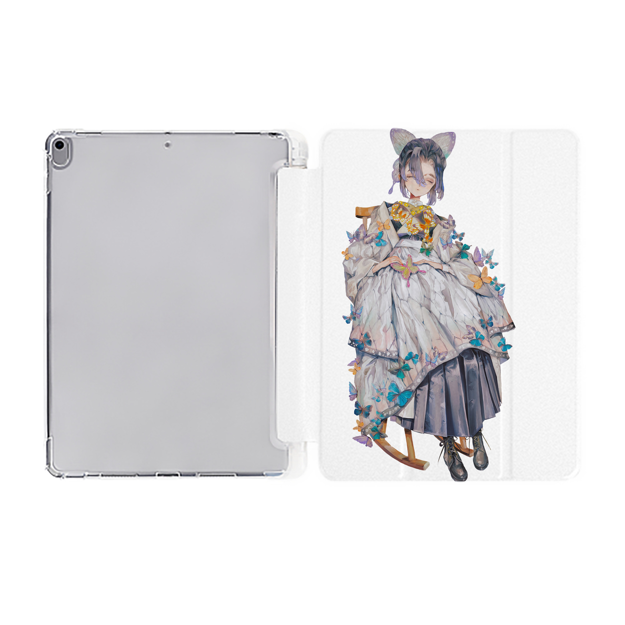 （画像用） 鬼滅の刃（きめつのやいば）蟲柱-胡蝶 しのぶ／こちょう しのぶ Kochou Shinobu IPad ケース ペン収納付き 三つ折りスタンド PUレザー×シリコン 対応機種9.5/10.5/10.9インチ